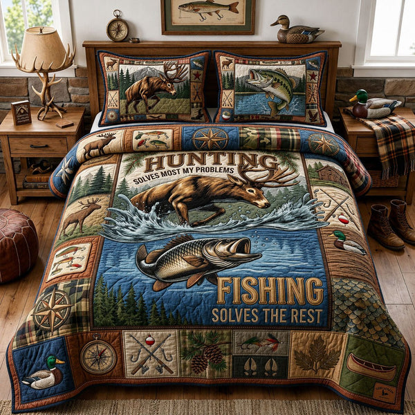 Hunting And Fishing quilted 3-piece bedding set on a made bed with two matching pillow shams