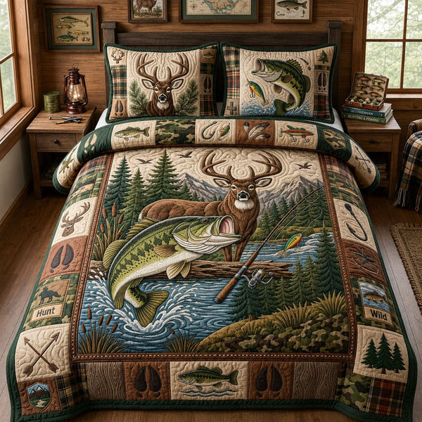 Hunting And Fishing quilted 3-piece bedding set on a made bed with two matching pillow shams
