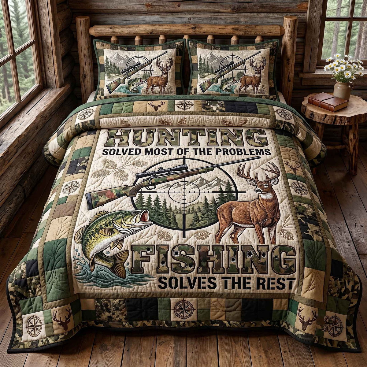 Hunting And Fishing quilted 3-piece bedding set on a made bed with two matching pillow shams