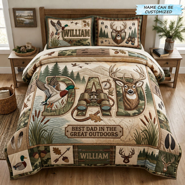 Hunting Dad 3-Piece Quilted Bedding Set QTCUZ quilted 3-piece bedding set on a made bed with two matching pillow shams