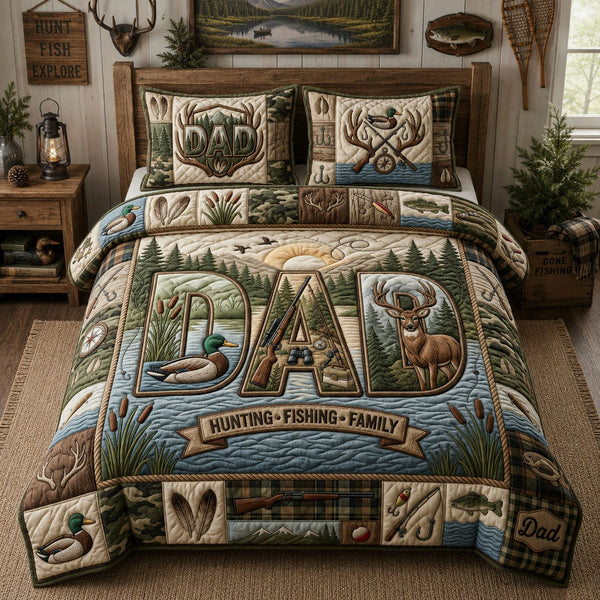Hunting Dad Outdoors quilted 3-piece bedding set on a made bed with two matching pillow shams