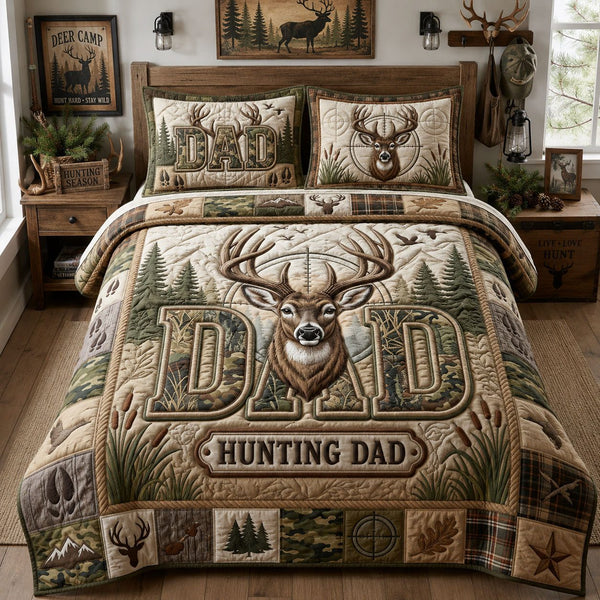 Hunting Dad quilted 3-piece bedding set on a made bed with two matching pillow shams
