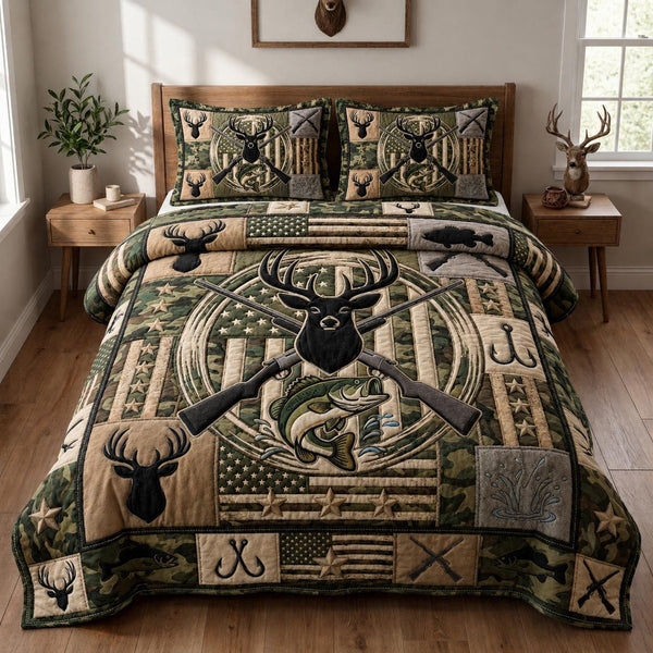 Hunting Fishing quilted 3-piece bedding set on a made bed with two matching pillow shams