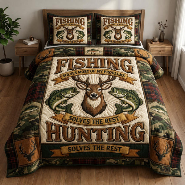 Hunting Fishing quilted 3-piece bedding set on a made bed with two matching pillow shams