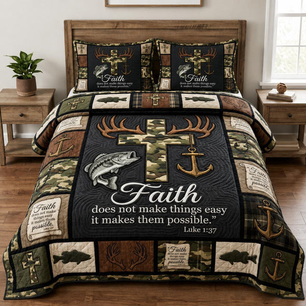 Hunting Fishing quilted 3-piece bedding set on a made bed with two matching pillow shams