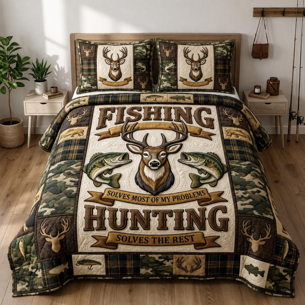 Hunting Fishing quilted 3-piece bedding set on a made bed with two matching pillow shams