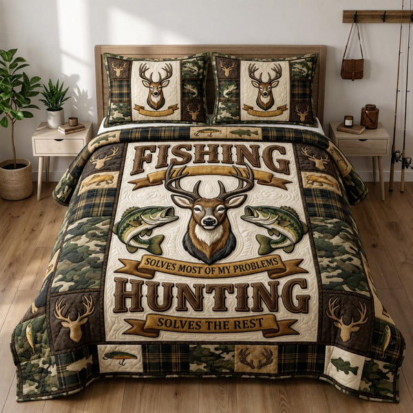 Hunting Fishing quilted 3-piece bedding set on a made bed with two matching pillow shams