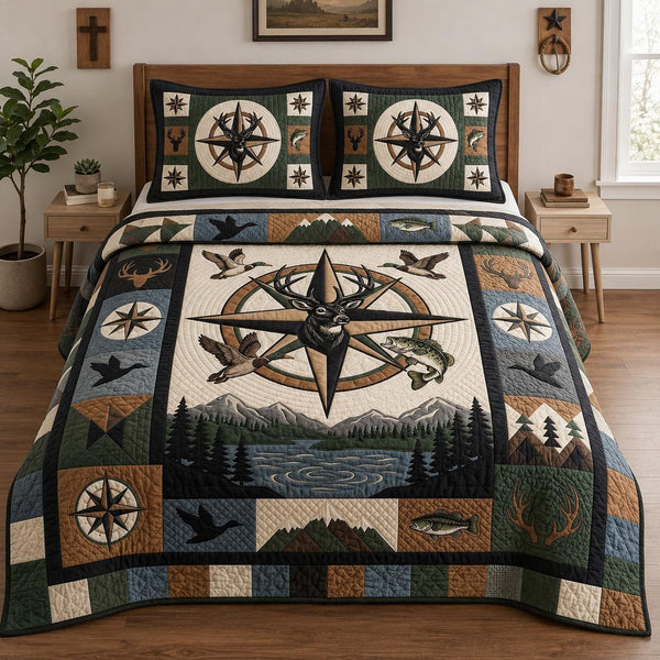 Hunting Fishing quilted 3-piece bedding set on a made bed with two matching pillow shams