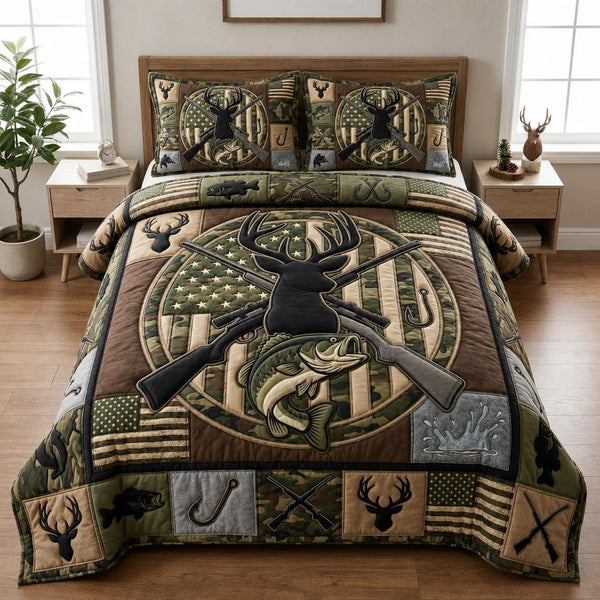 Hunting Fishing quilted 3-piece bedding set on a made bed with two matching pillow shams