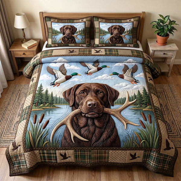 Hunting Lab quilted 3-piece bedding set on a made bed with two matching pillow shams