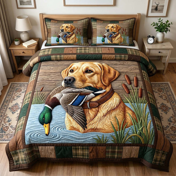 Hunting Lab quilted 3-piece bedding set on a made bed with two matching pillow shams