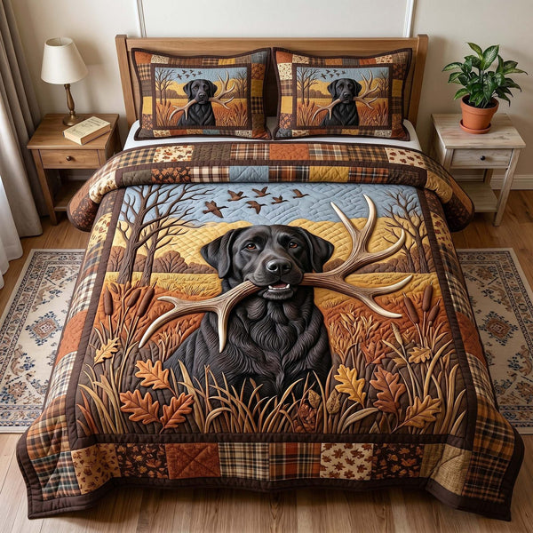 Hunting Lab quilted 3-piece bedding set on a made bed with two matching pillow shams