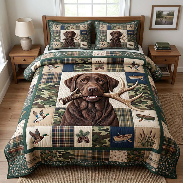 Hunting Lab quilted 3-piece bedding set on a made bed with two matching pillow shams