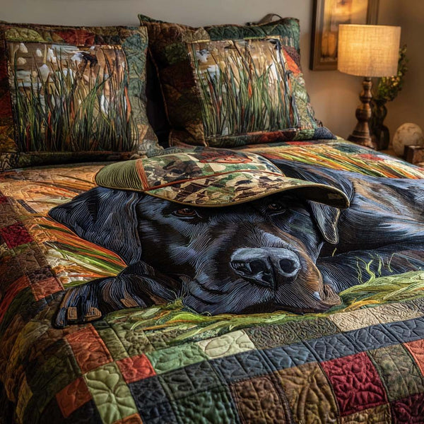 Hunting Lab quilted 3-piece bedding set on a made bed with two matching pillow shams