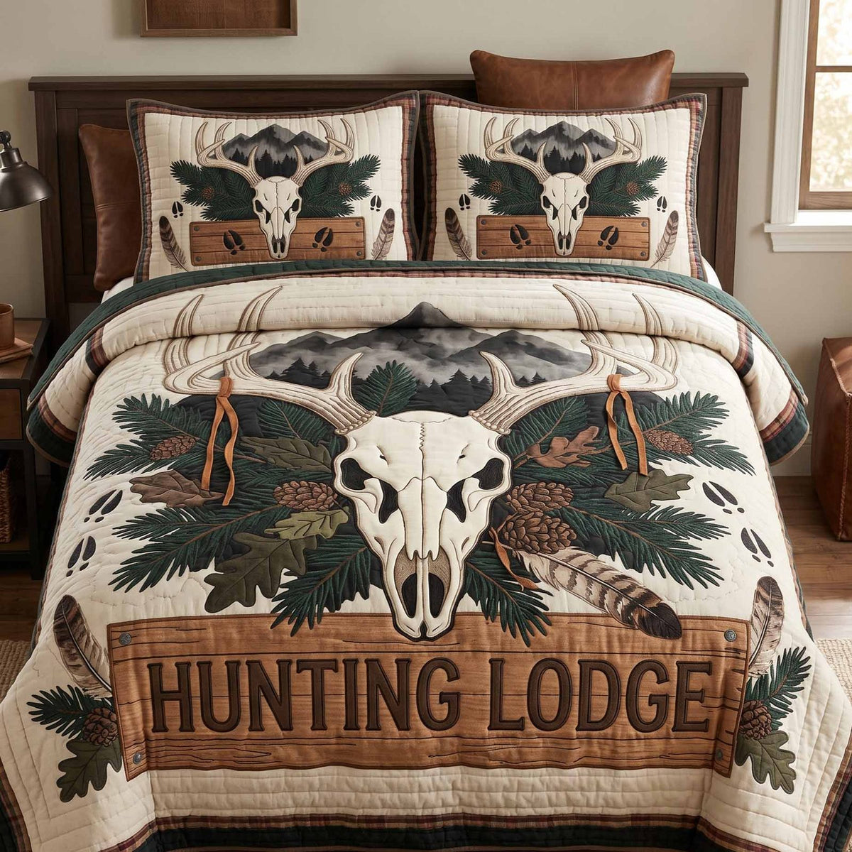 Hunting Lodge quilted 3-piece bedding set on a made bed with two matching pillow shams