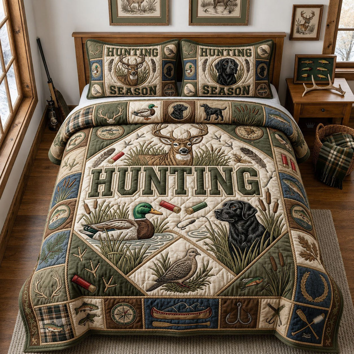Hunting Season quilted 3-piece bedding set on a made bed with two matching pillow shams