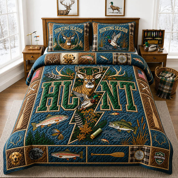 Hunting Season quilted 3-piece bedding set on a made bed with two matching pillow shams
