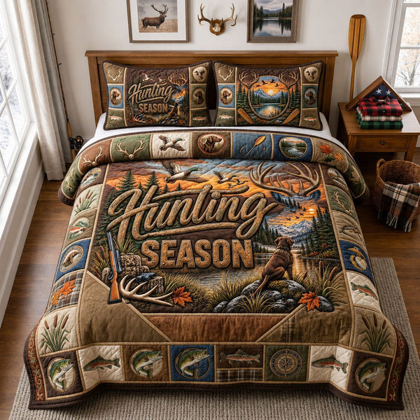 Hunting Season quilted 3-piece bedding set on a made bed with two matching pillow shams
