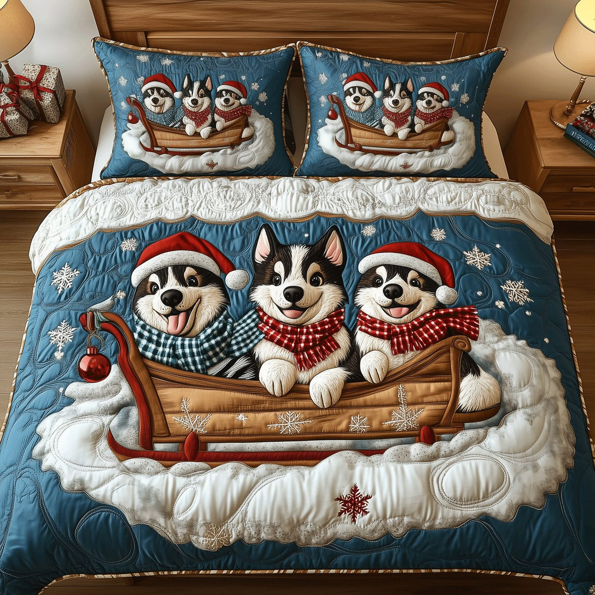 Husky Cheer quilted 3-piece bedding set on a made bed with two matching pillow shams