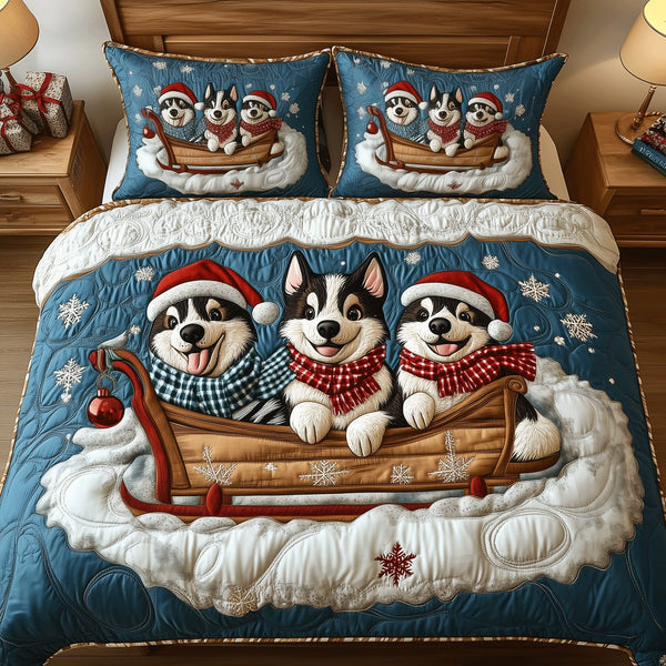 Husky Cheer quilted 3-piece bedding set on a made bed with two matching pillow shams