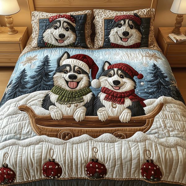 Husky Christmas Magic quilted 3-piece bedding set on a made bed in a winter-styled bedroom
