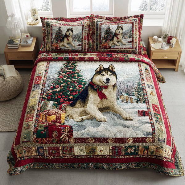 Husky Christmas Spirit quilted 3-piece bedding set on a made bed in a winter-styled bedroom