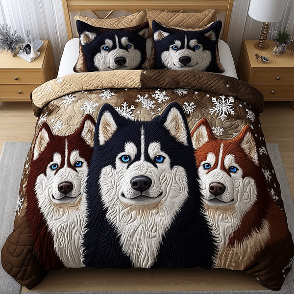 Husky Guardian quilted 3-piece bedding set on a made bed with two matching pillow shams