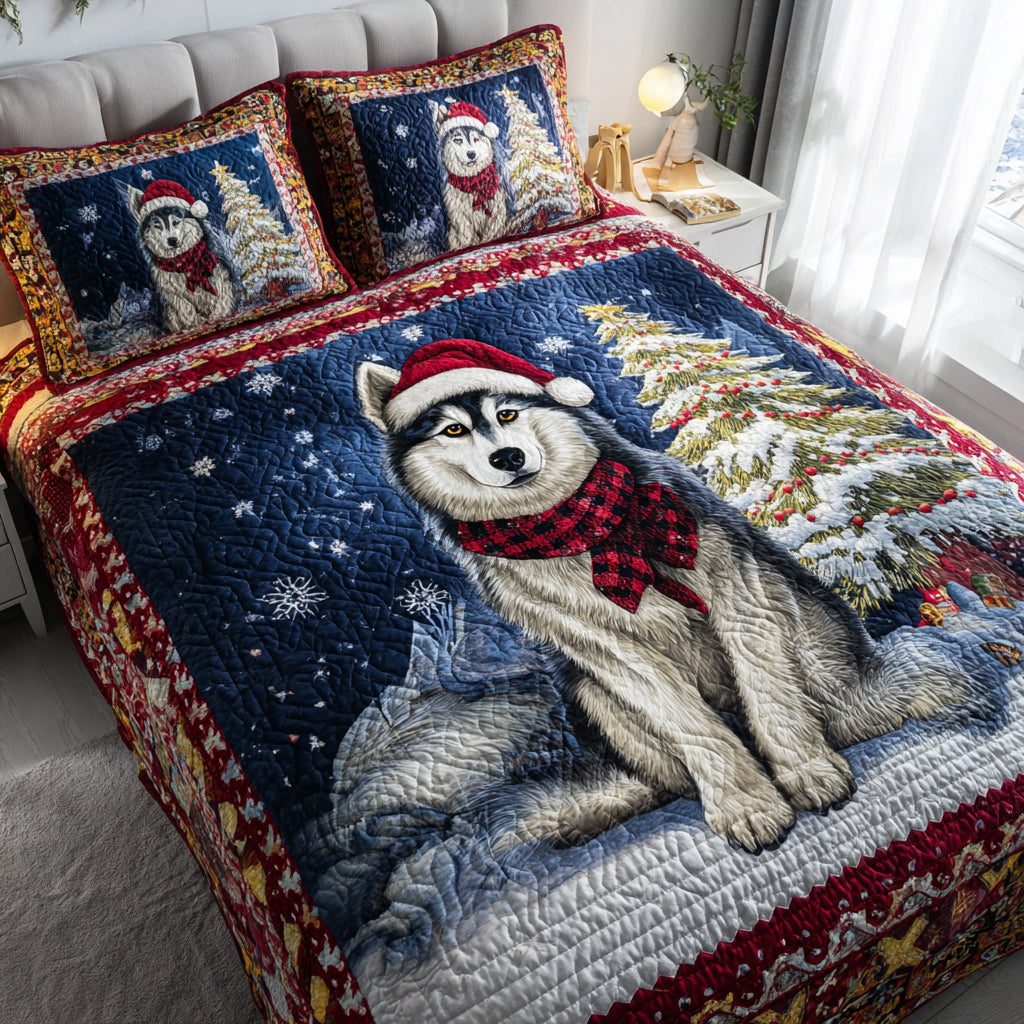 Husky Holiday Joy quilted 3-piece bedding set on a made bed in a winter-styled bedroom
