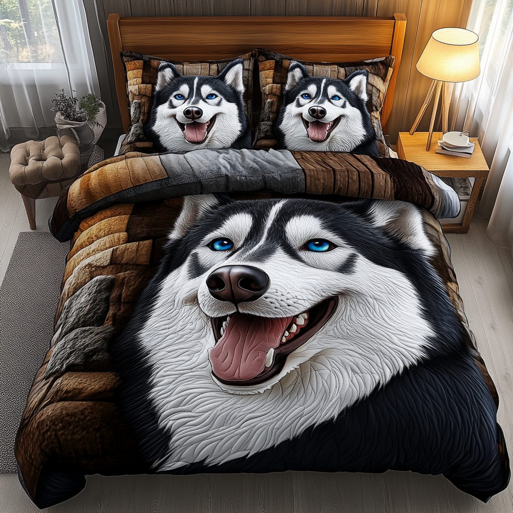 Husky Journey quilted 3-piece bedding set on a made bed with two matching pillow shams