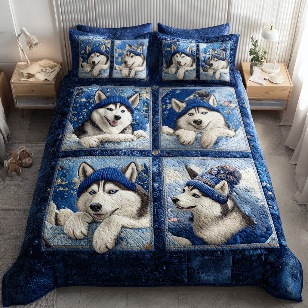 Husky Snow Tale quilted 3-piece bedding set on a made bed with two matching pillow shams