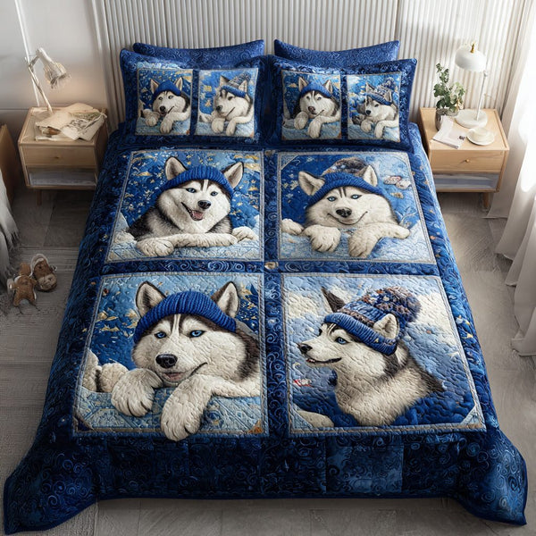 Husky Snow Tale quilted 3-piece bedding set on a made bed with two matching pillow shams