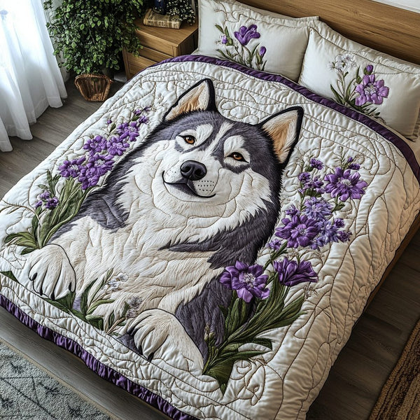 Husky Vibes quilted 3-piece bedding set on a made bed with two matching pillow shams