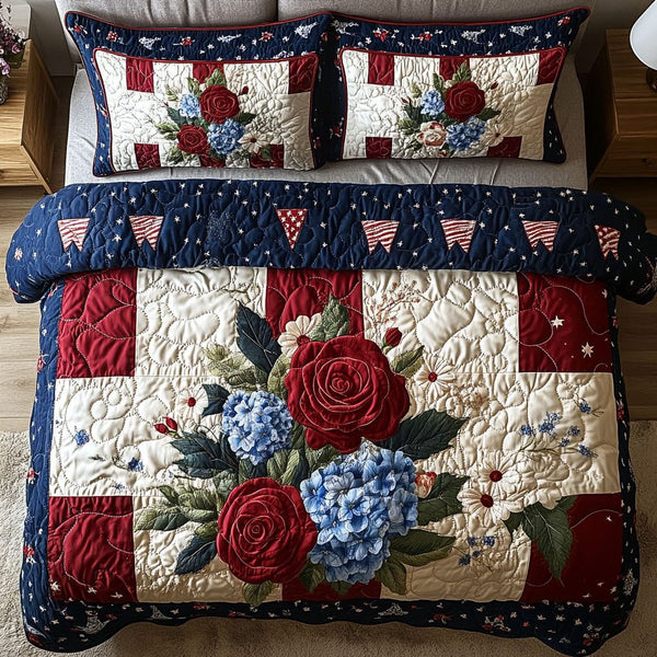 Hydrangea and Rose Haven quilted 3-piece bedding set on a made bed with two matching pillow shams