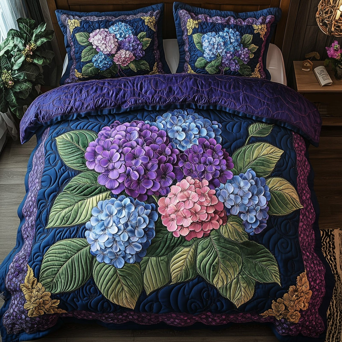 Hydrangea Bloom Elegance quilted 3-piece bedding set on a made bed with two matching pillow shams