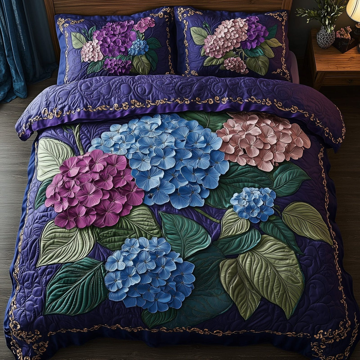 Hydrangea Floral Bliss quilted 3-piece bedding set on a made bed with two matching pillow shams