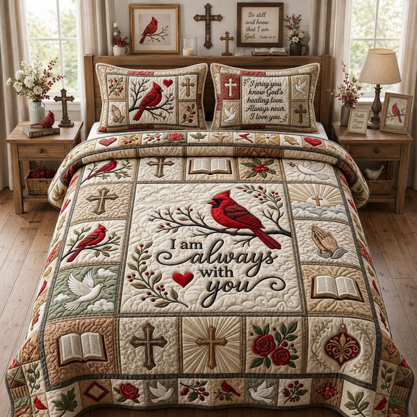 I Am Always With You quilted 3-piece bedding set on a made bed with two matching pillow shams