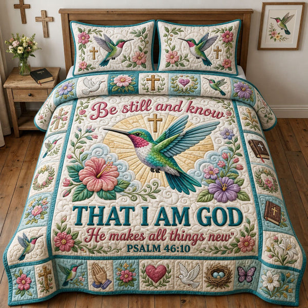 I Am God quilted 3-piece bedding set on a made bed in a softly lit bedroom