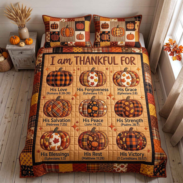 I Am Thankful For quilted 3-piece bedding set on a made bed with two matching pillow shams