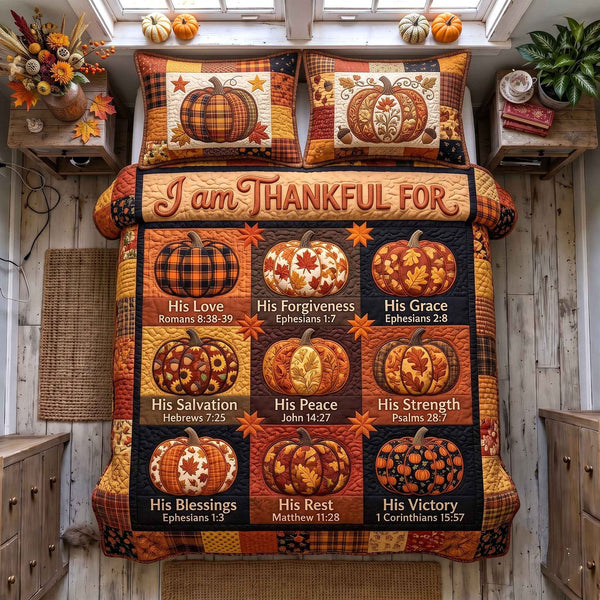 I Am Thankful For quilted 3-piece bedding set on a made bed with two matching pillow shams