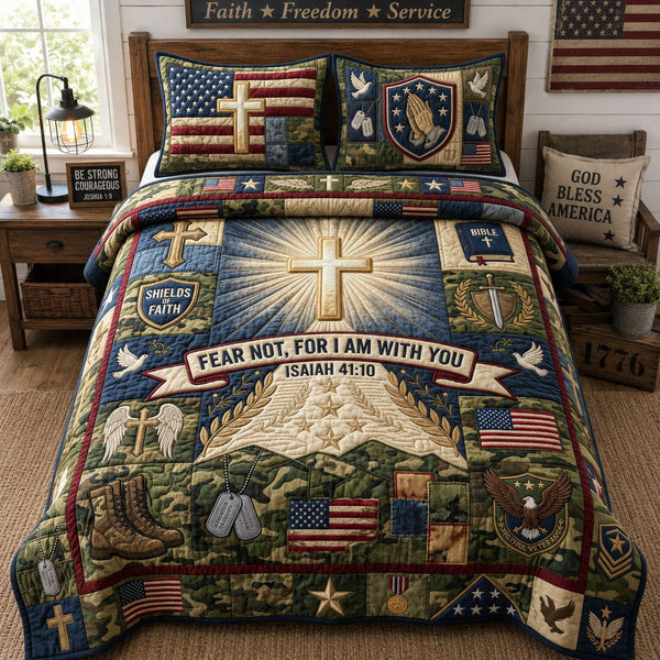 I Am With You quilted 3-piece bedding set on a made bed with two matching pillow shams