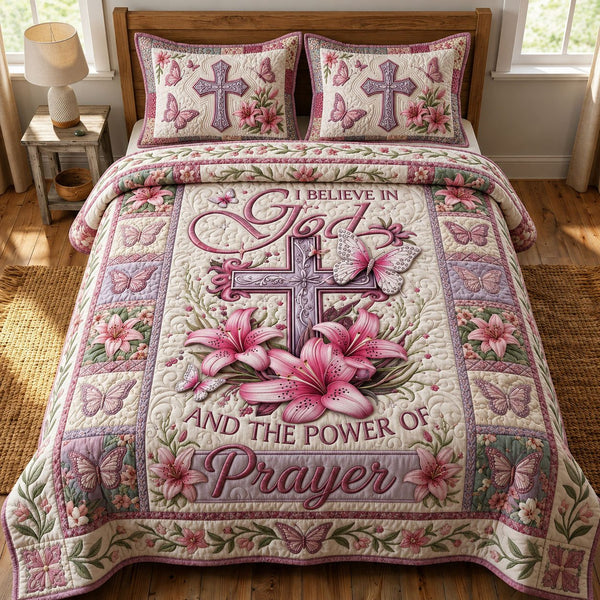 I Believe In God quilted 3-piece bedding set on a made bed in a softly lit bedroom