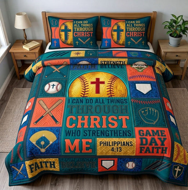 I Can Do All Things Through Christ Baseball quilted 3-piece bedding set on a made bed in a softly lit bedroom