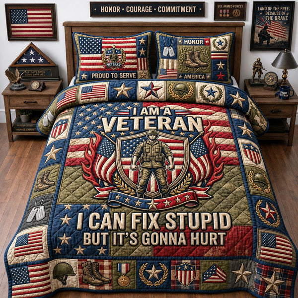 I Can Fix Stupid quilted 3-piece bedding set on a made bed with two matching pillow shams