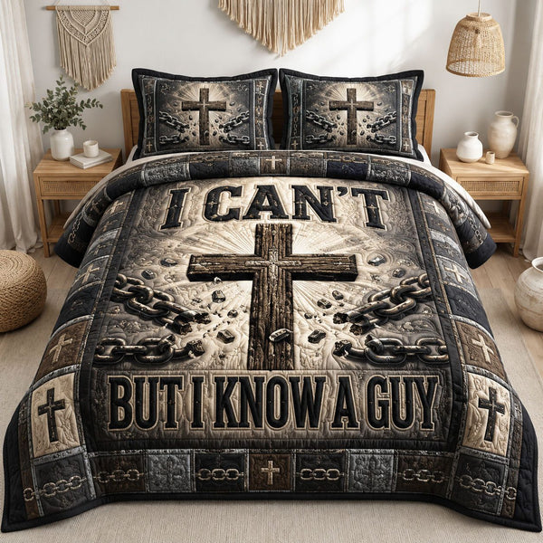 I Can’t But I Know A Guy quilted 3-piece bedding set on a made bed with two matching pillow shams