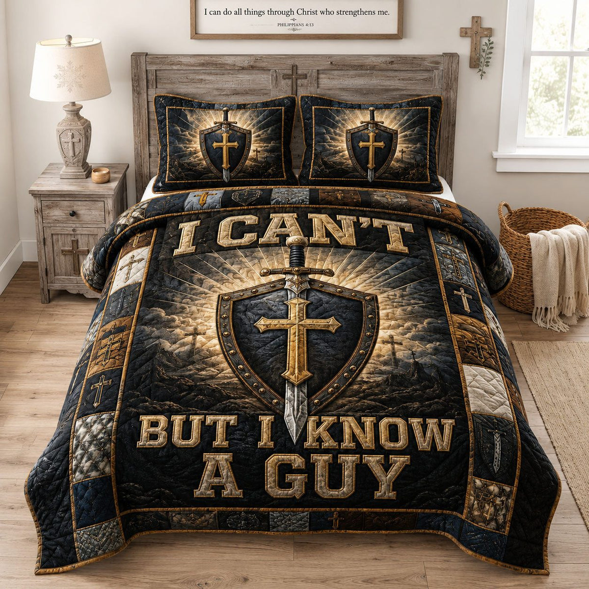 I Can’t But I Know A Guy quilted 3-piece bedding set on a made bed with two matching pillow shams