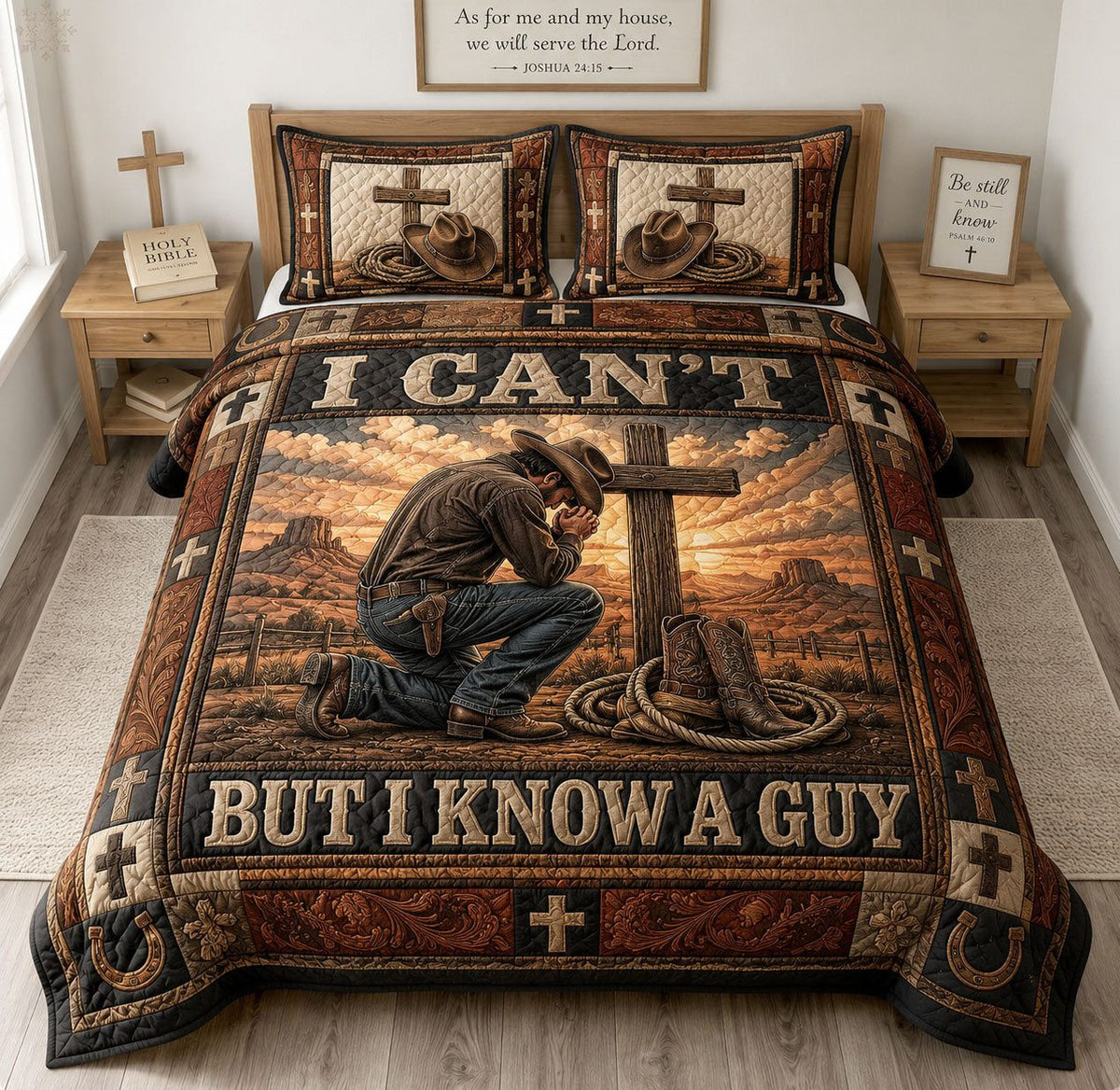 I Can’t But I Know A Guy quilted 3-piece bedding set on a made bed with two matching pillow shams