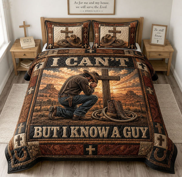 I Can’t But I Know A Guy quilted 3-piece bedding set on a made bed with two matching pillow shams