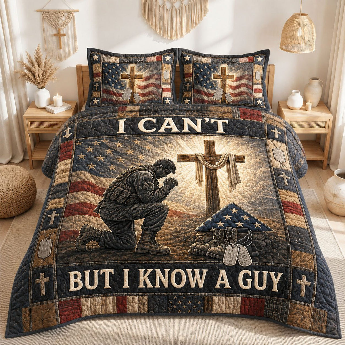 I Can’t But I Know A Guy quilted 3-piece bedding set on a made bed with two matching pillow shams