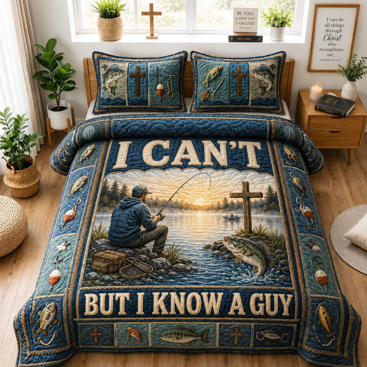 I Can’t But I Know A Guy quilted 3-piece bedding set on a made bed with two matching pillow shams