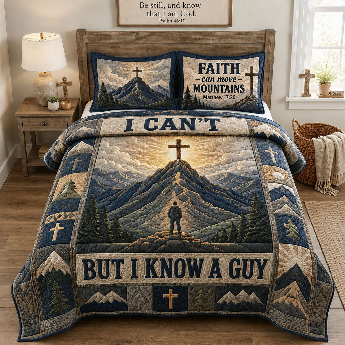 I Can’t But I Know A Guy quilted 3-piece bedding set on a made bed with two matching pillow shams
